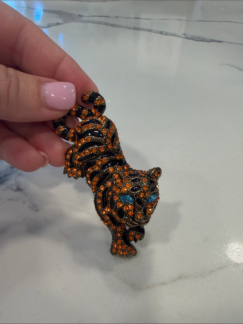 Heidi Daus Tiger Brooch with Orange Crystals and Blue Eyes